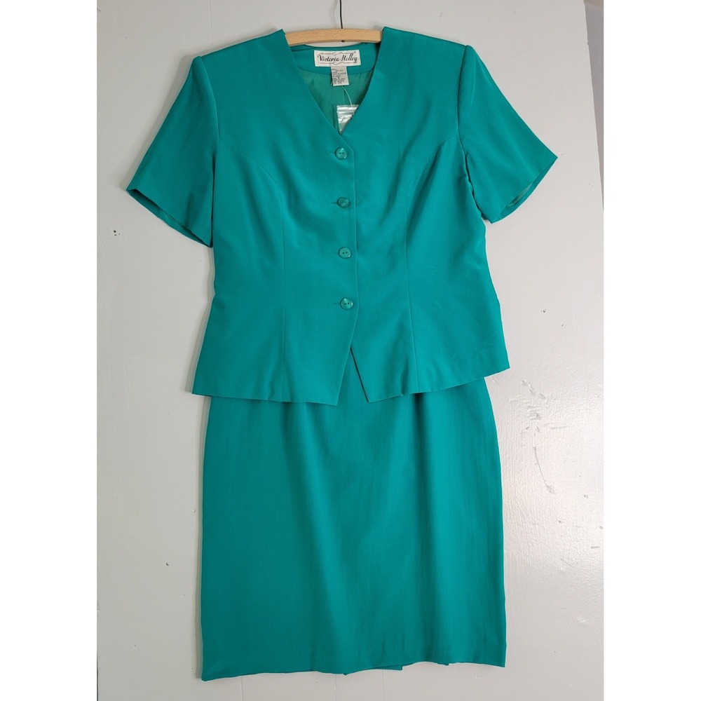 Victoria Holley Skirt Suit Women 8 Teal Green 100% Silk‎ 2-Piece Set Lined New